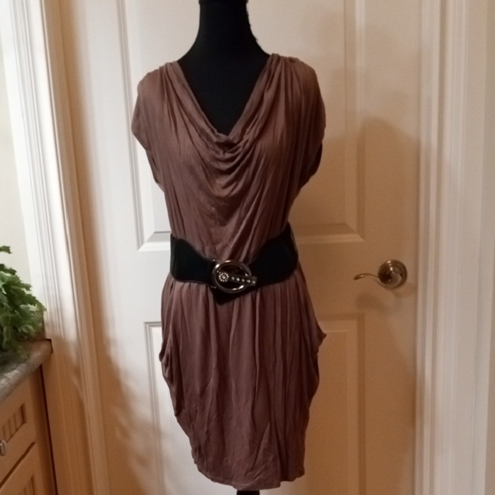 NWOT Bella D. Brown Draped Mini Dress with Black Belt
